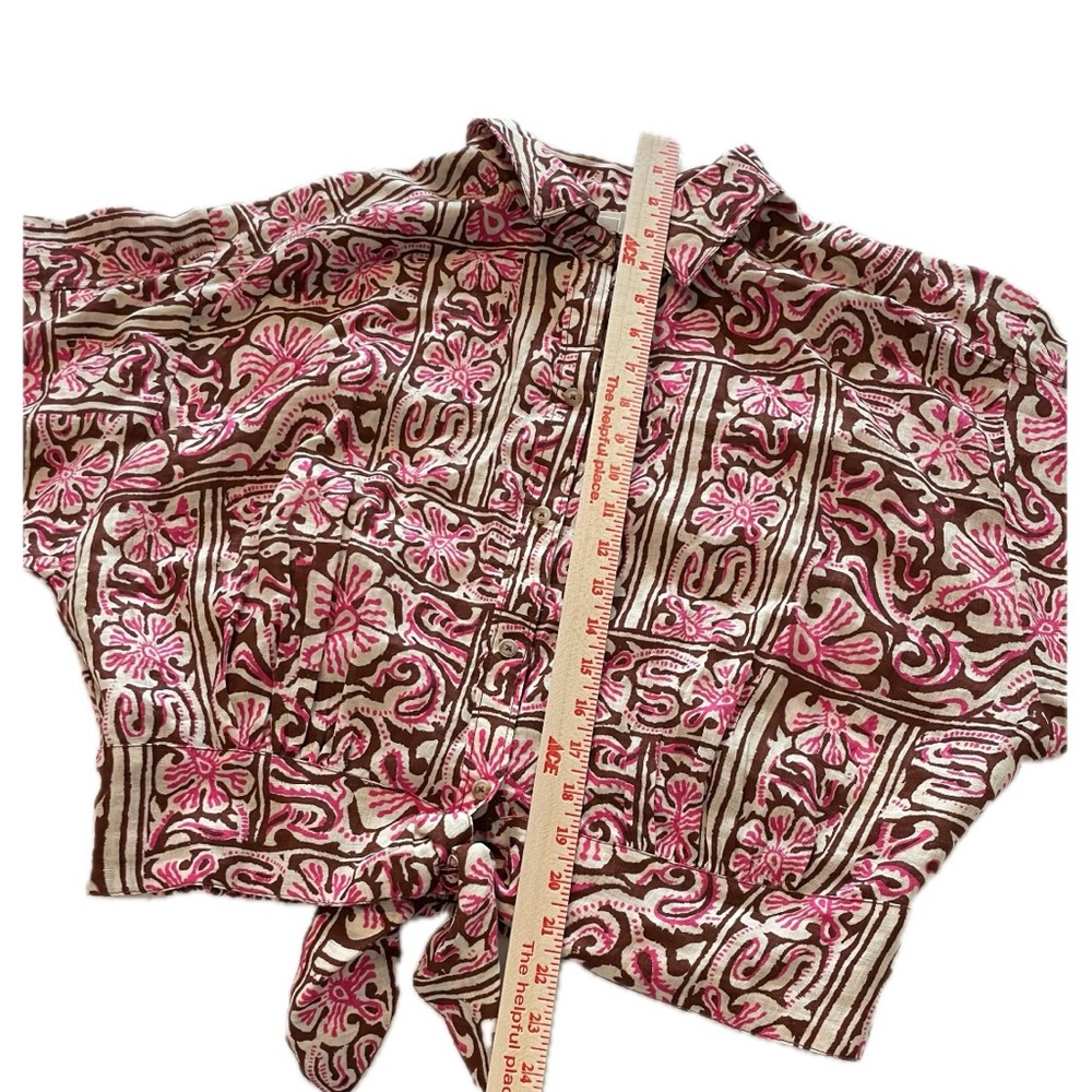 Anthropologie Tie-Front Linen Top in Brown And Pink XL New - Picture 5 of 11
